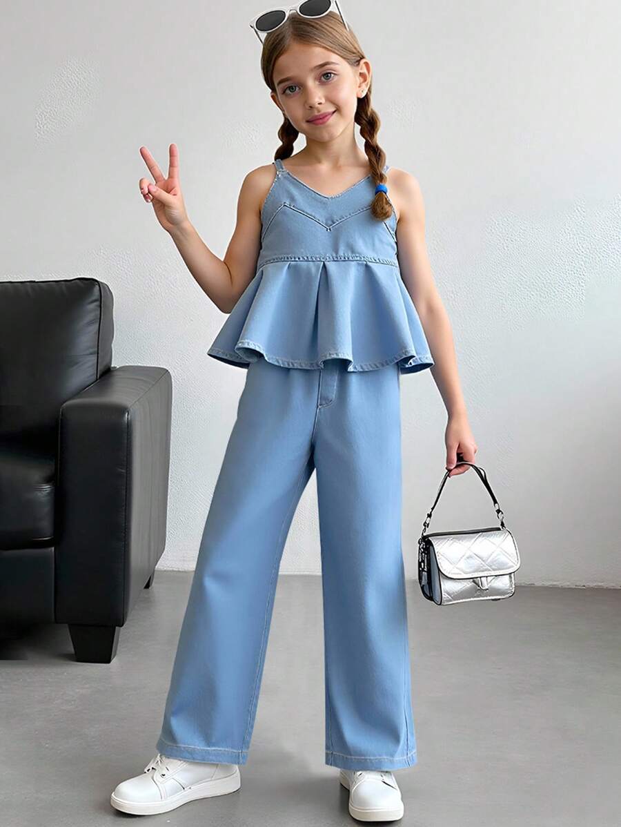 Girl Sleeveless 2-Piece Set, New Summer Fashion Ruffled Crop Top Paired With Straight Leg Denim Jeans Pants, Casual Youth Outfit - Light Wash - View 1