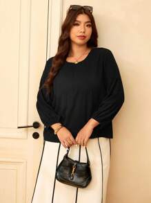 Elaquor Blusa larga de manga larga, elegante, con cuello redondo y bajo asimétrico, talla grande - Negro - Ver 4