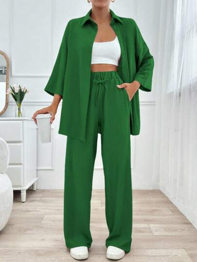 EURMUSE Women 3/4 Sleeve Solid Color Long Shirt And Pants Casual Suit