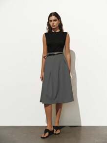 Lumivelle Knit & Woven Patchwork Pleated Dress Dress Summer Dress Clothes For University - Grey - View 3