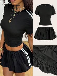 Coolane Women's Summer Festival Going Out Streetwear Western Wear Vacation Outfits Gyaru Banded Texture Decoration Slim Fit Tees And Bubble Skirts Two Pieces Outfits - Black - View 8