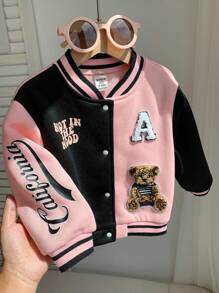 SHEIN Light Pink,Autumn,Cute,Back-To-School Baby Girl Casual Patchwork 3D Bear Chapter Varsity Jacket,Fashion Design Toddler Boy Soft Fabric Outerwear - Multicolor - View 6