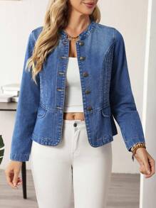 EMERY ROSE Women's Casual Wash Denim Jacket, Daily Wear - Blue - View 5