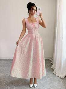 Selianne 新款女式编织纹理花卉面料细肩带蝴蝶结设计腰部喇叭形 A 字优雅百搭女士连衣裙 - 粉色 - 查看 4