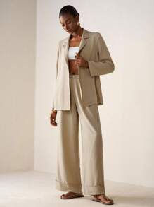 Zivah 2025秋冬新款学院风学生装日常街头基础百搭休闲度假街头风纹理面料皱布西装外套长款上衣和裤子阔腿裤带口袋腰带装饰长裤两件套杏色亚麻西装 - 杏色 - 查看 3