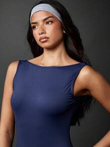 MISSGUIDED Unitard Jumpsuit Athletic Bodysuit Biker Shorts Performance Sleeveless High Neck Training Activewear Stretchy Racing Competition Practice - Navy Blue - View 4