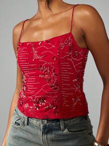 MISSGUIDED 装饰派对吊带上衣 水晶串珠晚装 细肩带 闪亮 特殊场合 夜间外出 优雅背心 - 橘色 - 查看 6