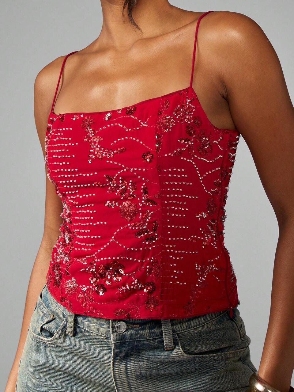MISSGUIDED Dressy Embellished Crystal Beaded Spaghetti Strap Sparkle Cami Top
