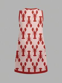 SHEIN EZwear Women's Casual Minimalist Vacation Red Lobster Pattern Short Dress, Suitable For Summer Vacation Dress Chic Dress - Multicolor - View 4