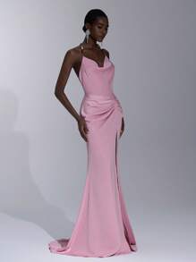 Elitara Vestido de satén tipo sirena maxi con espalda descubierta, elástico, con pliegues y cadena de perlas, elegante, lujoso y sexy, apto para boda, fiesta de solteros, vacaciones, eventos formales, soirée - Rosa - Ver 7