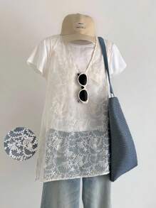 Jouncy 2pcs Set French Elegant Crochet Short Sleeve Top And Sheer Overlay Dress - Apricot - View 4