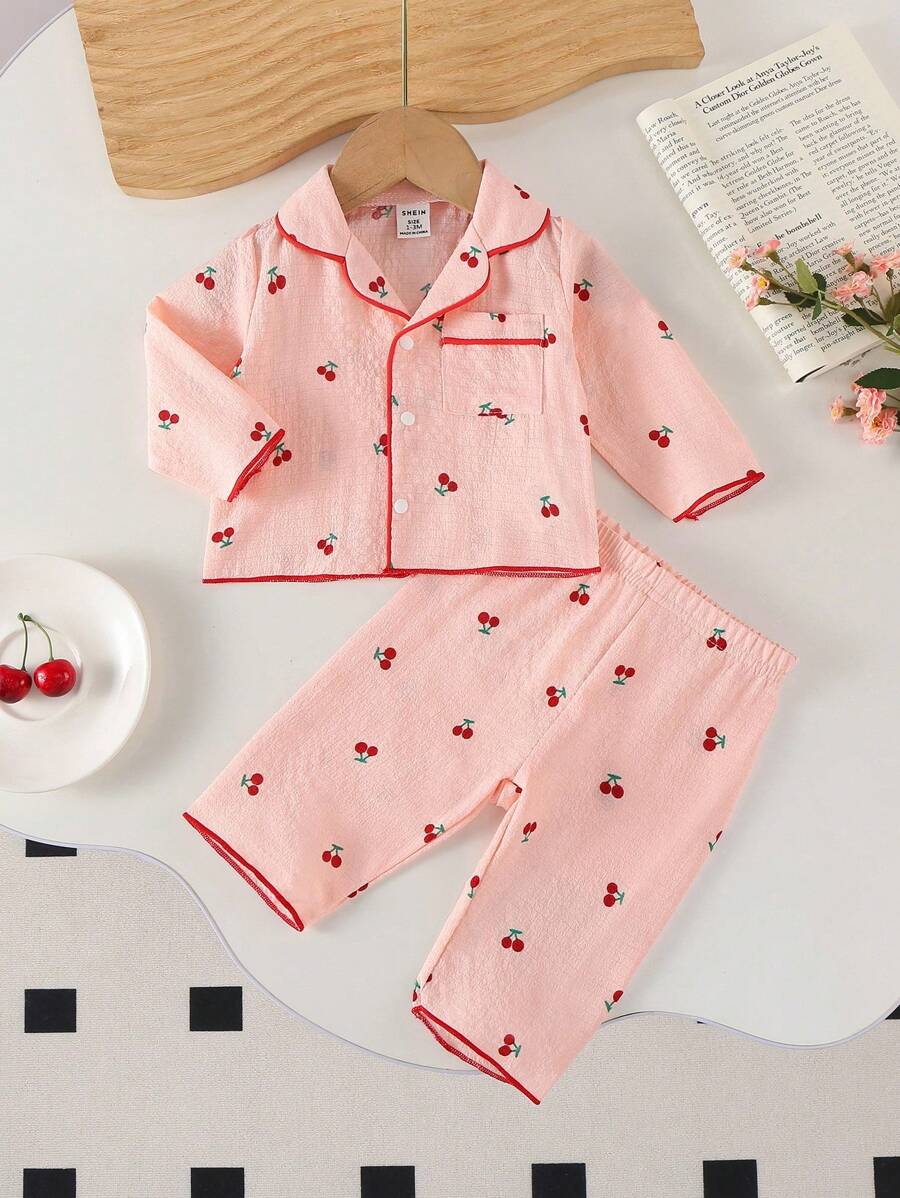 2pcs Baby Girls Cherry Print Long Sleeve Cardigan And Pants Set, Woven Fabric Homewear Baby Pajama Set Fall Winter - Pink - View 1