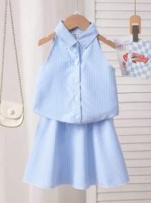2pcs/Set Girls Chic Summer Loose Plaid Frill Blouse Top & Casual Bottom Set - Blue - View 1