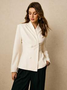 Poéselle 1 pieza Blazer elegante de unicolor y doble botonadura para mujer, blazer de mujer, blazer de doble botonadura, chaqueta de traje para mujer, blazer color marfil para otoño/invierno