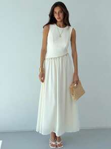 Aloruh Women's Casual Sleeveless Contrast Lace And Sequins Shell Decor Flowy Hem Dress, Summer - Apricot - View 5