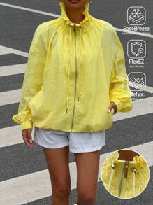 Muchica Chaqueta casual de manga larga con cremallera frontal de tejido amarillo para mujer, ropa de otoño para el aeropuerto