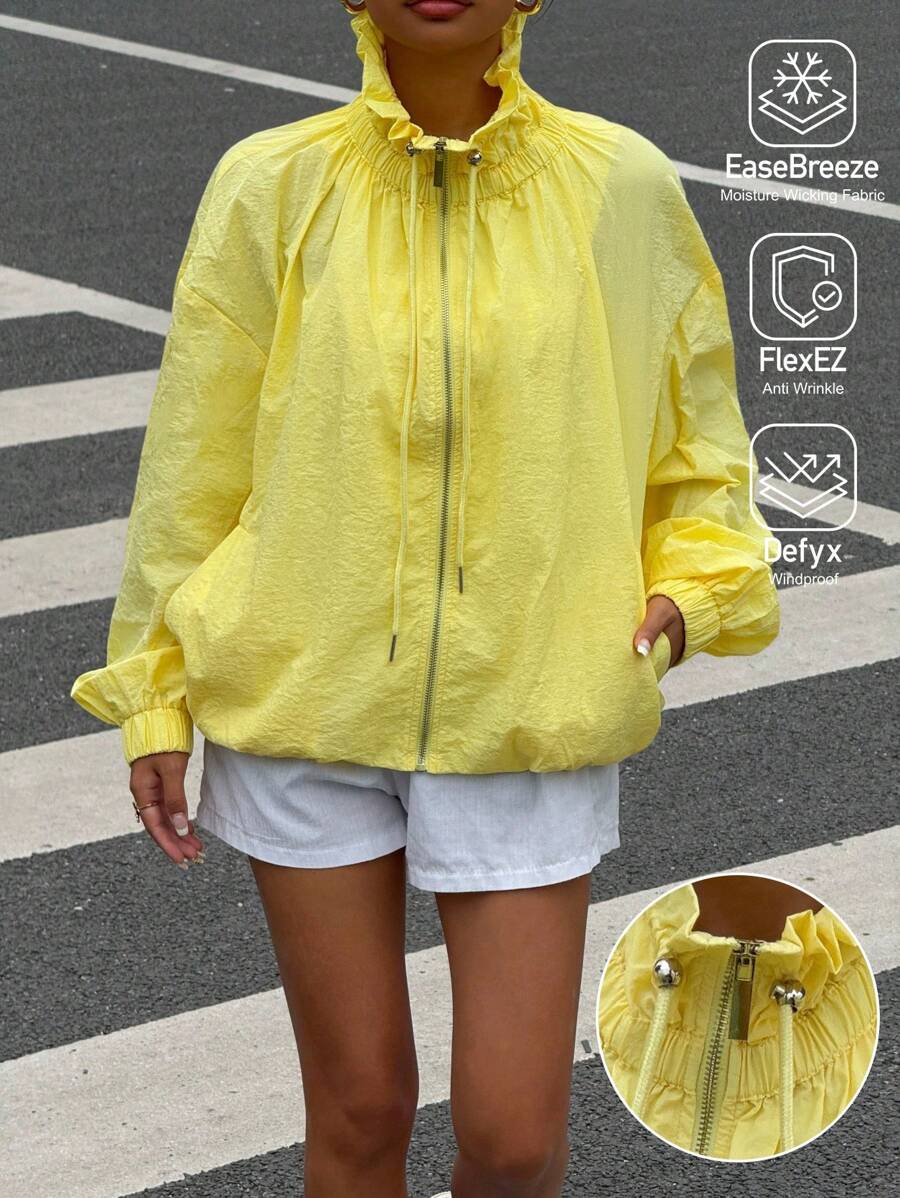 Muchica Chaqueta casual de manga larga con cremallera frontal de tejido amarillo para mujer, ropa de otoño para el aeropuerto