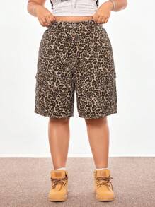 SHEIN ICON 大码多口袋豹纹牛仔短裤 - 彩色 - 查看 1