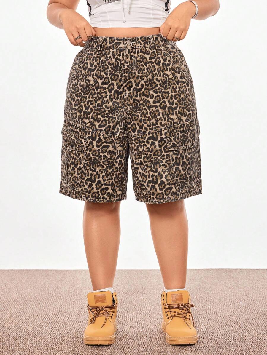 SHEIN ICON 大码多口袋豹纹牛仔短裤 - 彩色 - 查看 1