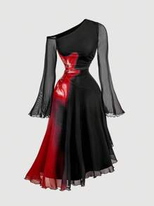 SHEIN MOD Vintage glamouröses schwarzes asymmetrisches Midi-Kleid mit fließendem Schulterfall und roter Blumenprint an der Seitentaille, Langarm mit Glockenärmeln - perfekt für Cocktailkleider, Hofdamenkleidung, Geburtstagskleider, Kreuzfahrtkleider und geeignet für Dates, Partys, Feiertage, Gartenpartys und Bälle - Schwarz - Übersicht 1