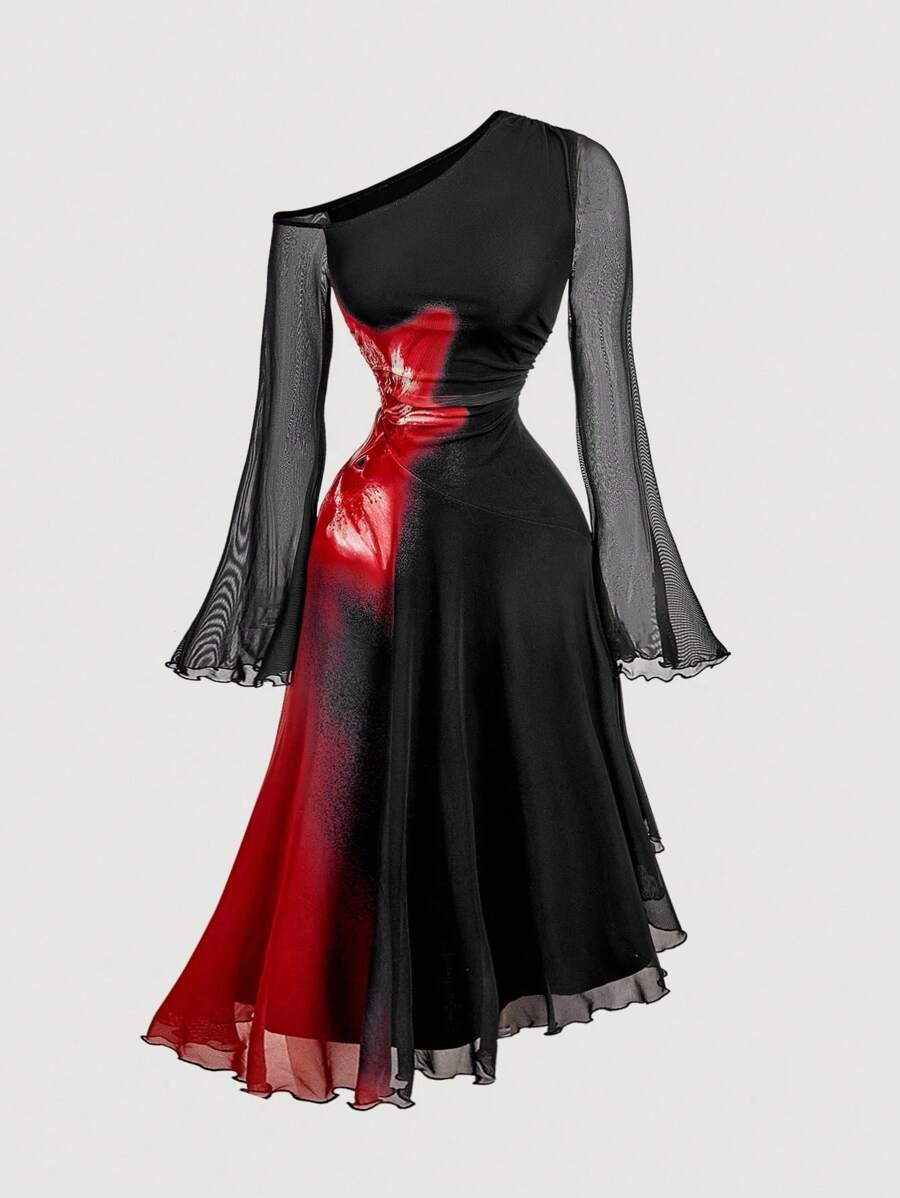 SHEIN MOD Vintage glamouröses schwarzes asymmetrisches Midi-Kleid mit fließendem Schulterfall und roter Blumenprint an der Seitentaille, Langarm mit Glockenärmeln - perfekt für Cocktailkleider, Hofdamenkleidung, Geburtstagskleider, Kreuzfahrtkleider und geeignet für Dates, Partys, Feiertage, Gartenpartys und Bälle - Schwarz - Übersicht 1