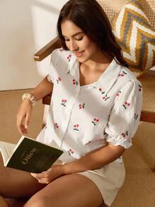 EMERY ROSE Camisa de manga abullonada con estampado de cerezas de talla grande, estilo casual de verano con estampado aleatorio - Blanco - Ver 1