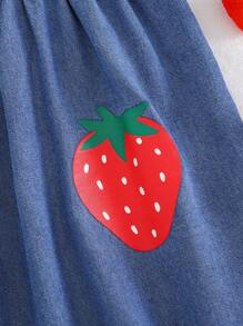 Cozy Pixies Baby Girl Strawberry Print Square Neck Ruffle Hem Sleeveless Waist Cinched Dress - Blue - View 5