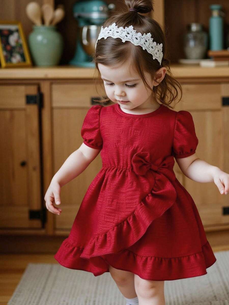 SHEIN Baby Girls Elegant Ruffled Crisscross Short Sleeve Dress - Burgundy - View 1