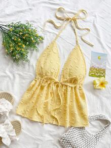 Soleia V 领系带无袖纹理面料白色露背背心，适合假日、约会、情人节、下午茶等休闲穿着 - 黃色 - 查看 3