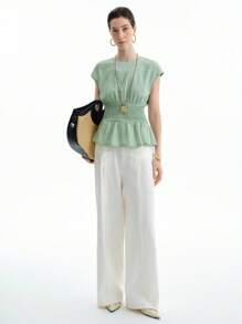 Aalyst Women's Casual Round Neck Waisted Solid Color Versatile Bat-Wing Short Sleeve Blouse, Spring/Summer