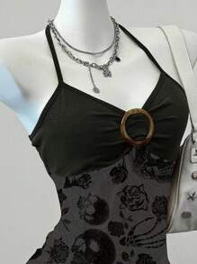 SHEIN EZwear 女式花卉骷髅图案褶皱挂脖背心，适合夏季 - 黑色 - 查看 4