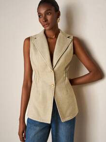 Zivah 20  Fall/Winter New Arrival College Style Music Festival Graduation Casual Daily Vacation Beach Sunbathing Streetwear Commute Elegant Lapel Vest Sleeveless Overcoat Thin A-Line Waisted Apricot Woolen Vest - Apricot - View 5