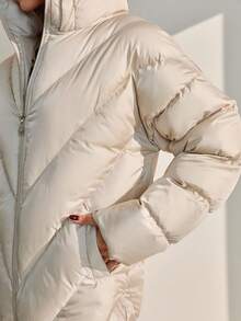 CLARA VERO Women Solid Color Zipper And Pocket Detailed Hooded Winter Coats - Beige - View 5