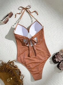Swim Vcay Traje de baño de una pieza con espalda descubierta, con acentos de perlas y correas de hombro de tela con brillo para mujer, nuevo modelo 2025 - Óxido marrón - Ver 2