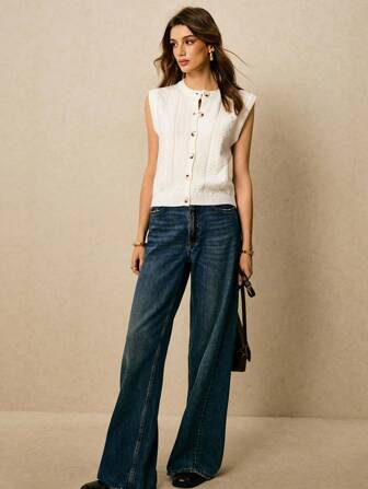 Poéselle 粗针织纽扣毛衣背心 - 女式无袖粗针织开衫背心，女式毛衣背心，白色毛衣背心，秋冬清爽女孩毛衣背心