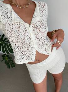 Aloruh Women's Sexy Cute Button Up Crop Top And Low Waist Mini Short Crocheted Beach 2 Pieces Set,Island Vacation Outfits Women,2 Pieces Sets Woman - White - View 7