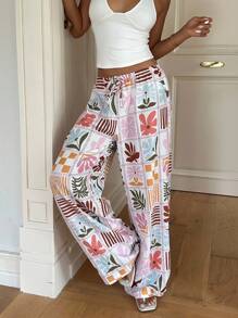 Aloruh 女士秋季花卉印花系腰阔腿裤，度假装夏季海滩度假装 - 彩色 - 查看 5