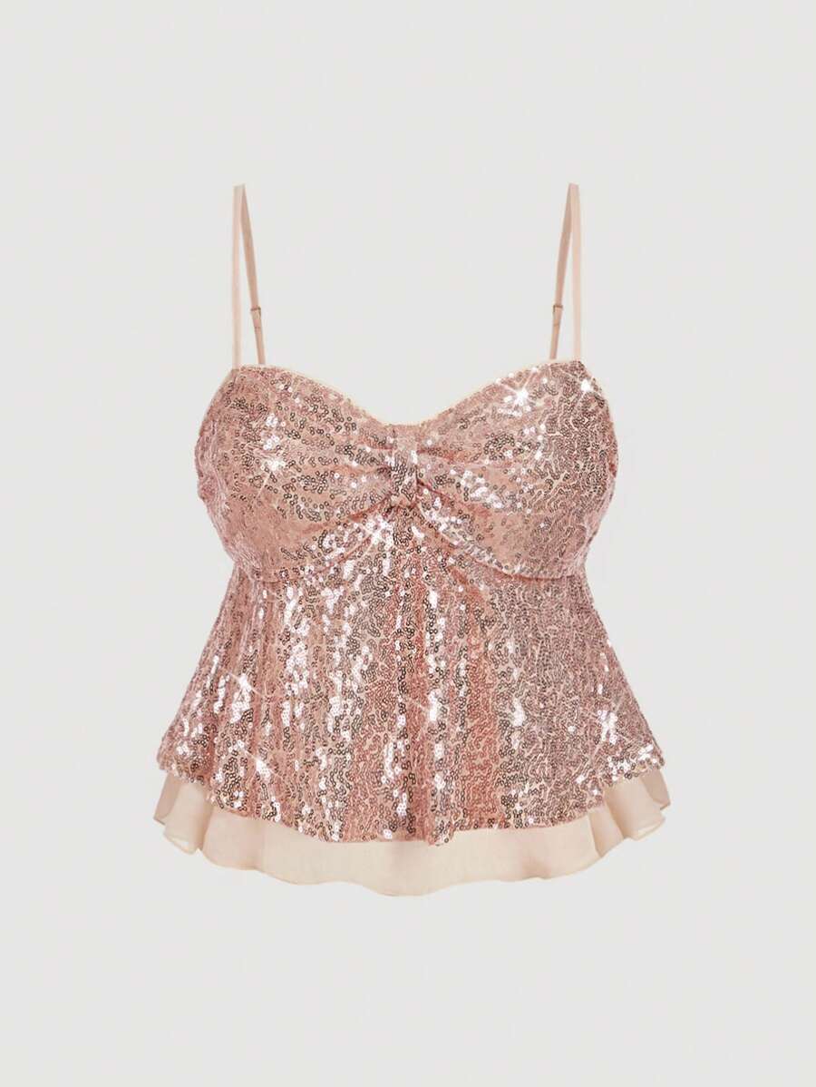 SHEIN MOD Topuri camisole casual cu tiv strălucitor și volane pentru femei, vară, top strălucitor, top șampanie, topuri pentru ieșiri în oraș, ziua de naștere pentru femei, topuri sexy pentru club, topuri Y2k, brunch pentru femei, top cu paiete pentru petrecere - Șampanie - Vizualizare 1