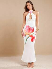 L'Amorae Women's Floral Print Halter Backless Dress - White - View 1