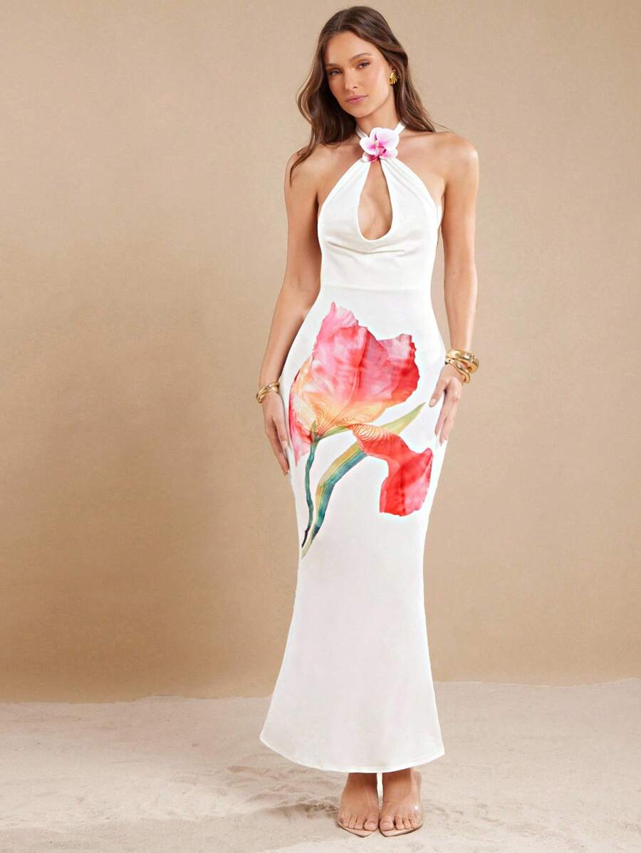 L'Amorae Women's Floral Print Halter Backless Dress - White - View 1