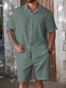 Manfinity Homme Bộ quần short và áo sơ mi tay ngắn màu trơn thường ngày mùa hè cỡ lớn cho nam - Màu xám đen - Xem 4