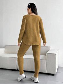 Vionelle 大码女式纹理条纹V领长袖上衣和裤子套装，休闲 - 棕色 - 查看 2