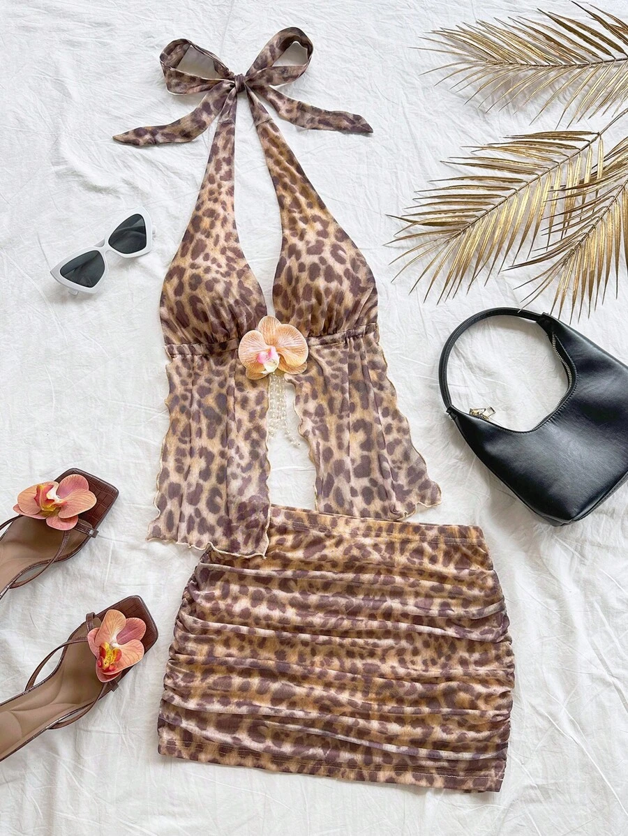 SHEIN x Eduarda Gutierrez Soleia Multicolor Animal Print Two-Piece Outfit With Halter Top And Ruched Skirt Leopard Print Two Piece Leopard Skirt Set - Multicolor - View 1