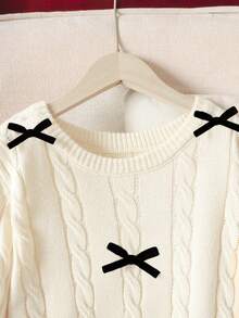 SHEIN Tween Girl Casual Cable Knit Intarsia Plain Crew Neck Bowknot Long Sleeve Sweater & Pleated Skirt 2-Piece Set, Back To School,Halloween ,Perfect For Christmas,Bow Pullover Set,In Fall/Winter