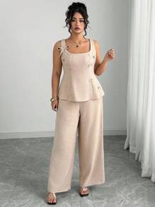 Elenzga Bộ 2 món/Bộ áo và quần trang trí nơ thường ngày mùa hè cỡ lớn cho nữ - Màu Khaki - Xem 3