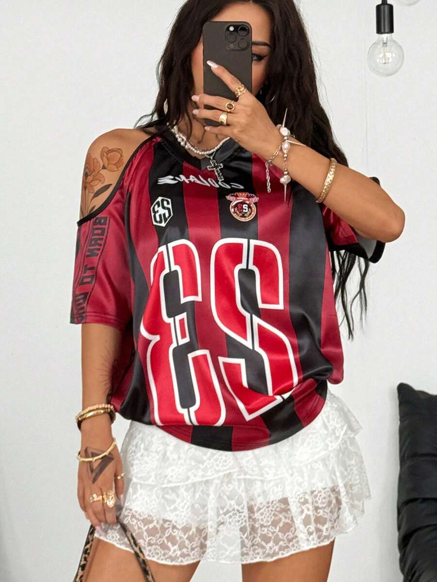 Coolane Áo thun cổ chữ V tay raglan hở vai họa tiết sọc số ngày thi đấu thể thao Y2K Blockcore dành cho nữ mùa xuân - Màu Đỏ Sâu - Xem 1