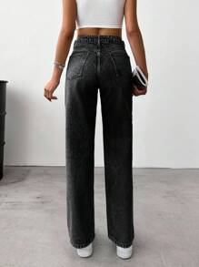 SHEIN Cottnline 100%Cotton Women's Vintage Washed Straight Leg Jeans - Black - View 2
