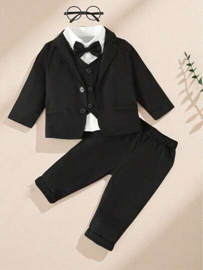 Souflis Souflis 嬰兒男孩4入組禮服套裝,蝴蝶結長袖襯衫、馬甲、西裝外套和褲子,適用於婚禮演出