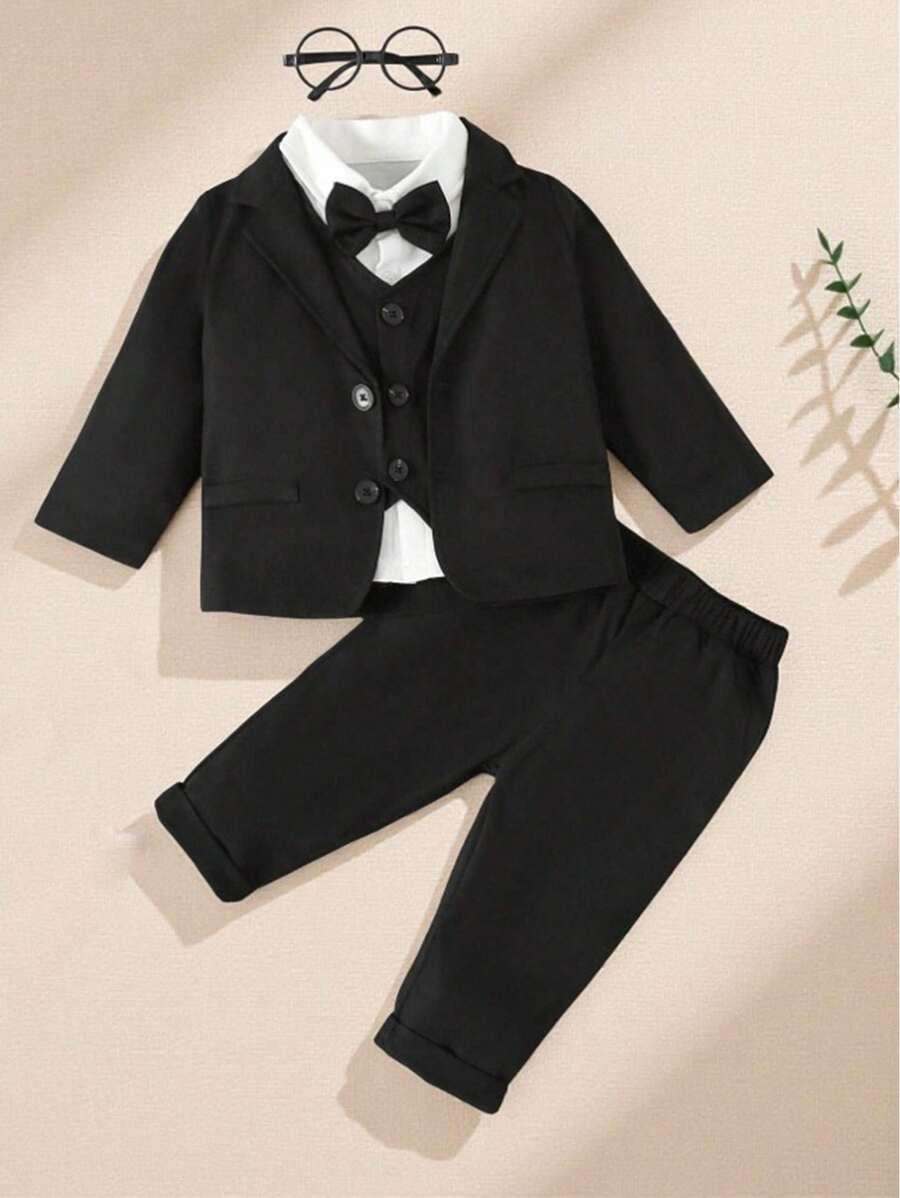 SHEIN Baby Boy 4pcs Gentleman Suit, Bow Tie Long Sleeve Shirt, Vest, Suit Jacket And Pants For Wedding Performance - Black - View 1