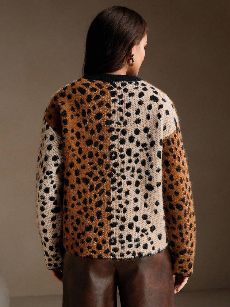 Pull col rond imprimé léopard vintage, mode et élégant, convient pour l'automne/l'hiver, Noël, Nouvel An, fête
